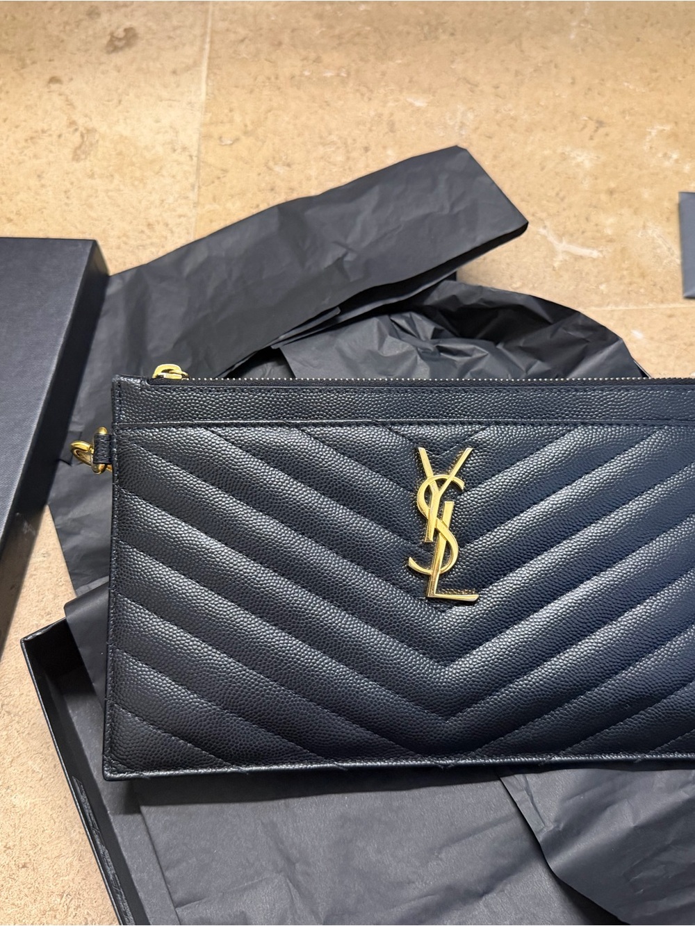 Saint Laurent Black Chevron Quilted Leather Wristlet with Gold YSL